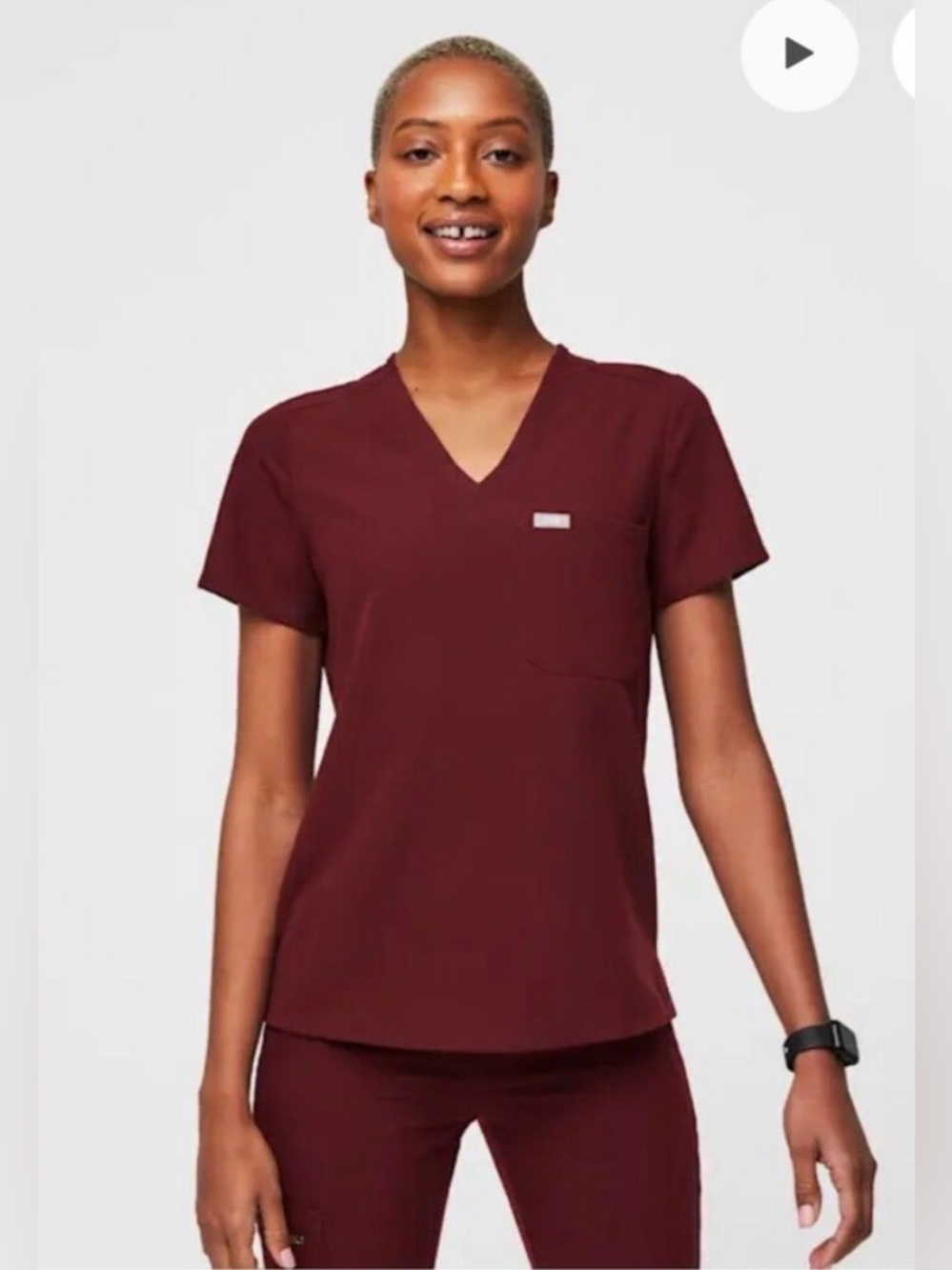 FIGS Technical Collection Women’s Solid V-Neck Scrub Top Maroon Burgundy Medium